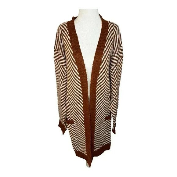 NEW Fortune + Ivy Women's XL Brown & White Chevron Cardigan Shawl Collar Sweater - Picture 1 of 8